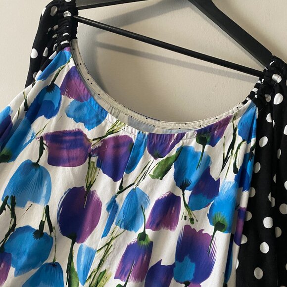 Handmade Plus Size Cotton Blue Floral Black White Polka Dot Dress - Picture 12 of 14